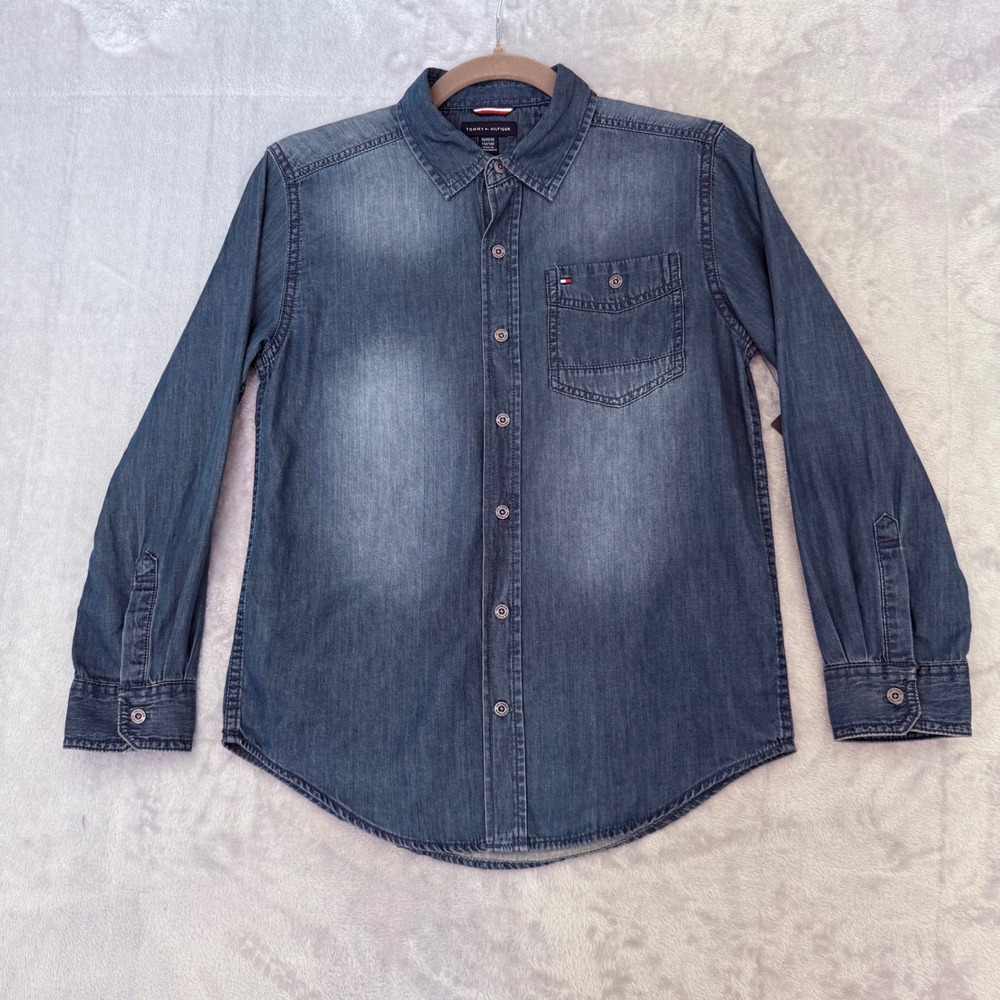 NWT Tommy Hilfiger Boys Denim Button Down Shirt Size M 12-14 Blue Long‎ Sleeve